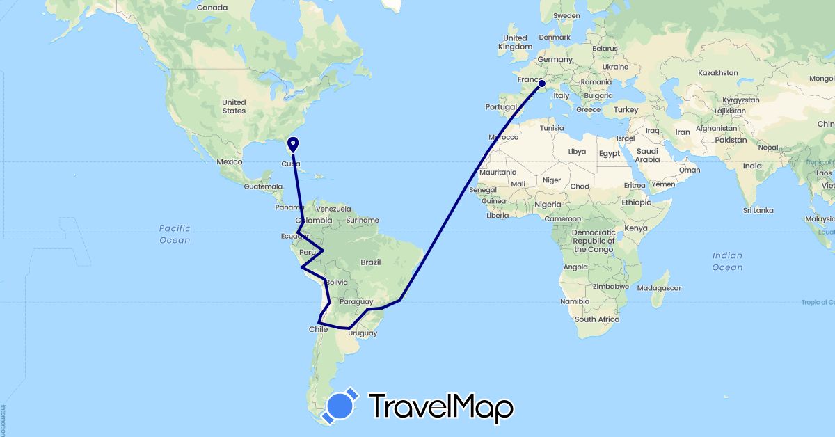 TravelMap itinerary: driving in Argentina, Bolivia, Brazil, Chile, Colombia, Ecuador, France, Peru, United States (Europe, North America, South America)